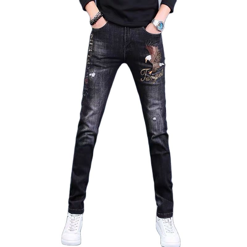 High Quality Mens Fashion Embroidery Denim Pants Ripped Decoration Casual Jeans Classic Slim-fit Style Black Stretch